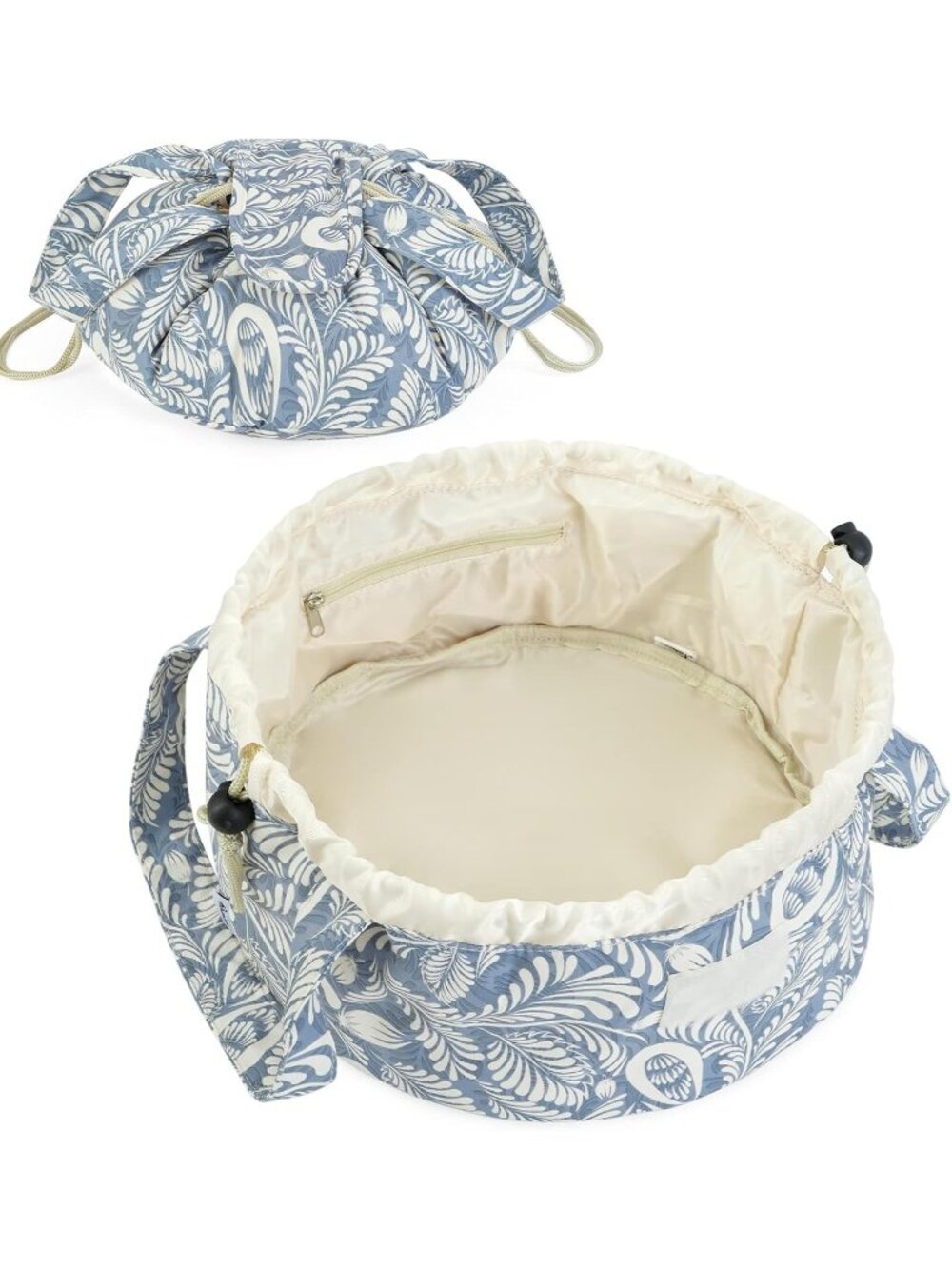 New Large Barrel Drawstring Makeup Bag - Blue Leaf Toiletry Organizer for Women